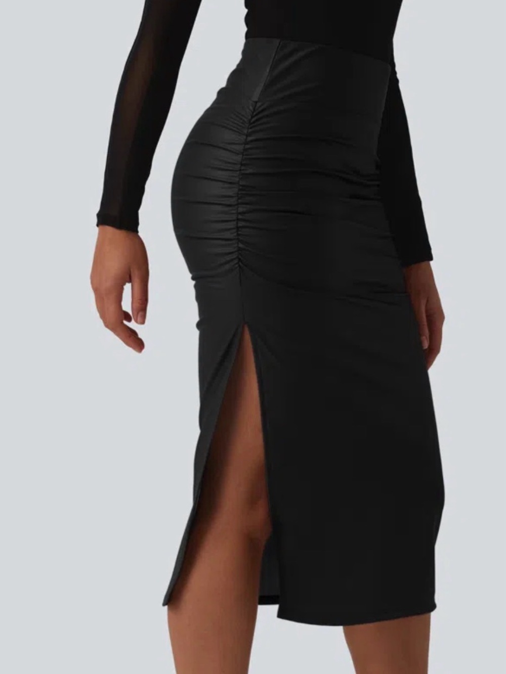 Ruched High-Waist Black faux leather Midi Skirt with Side Slit tummy control